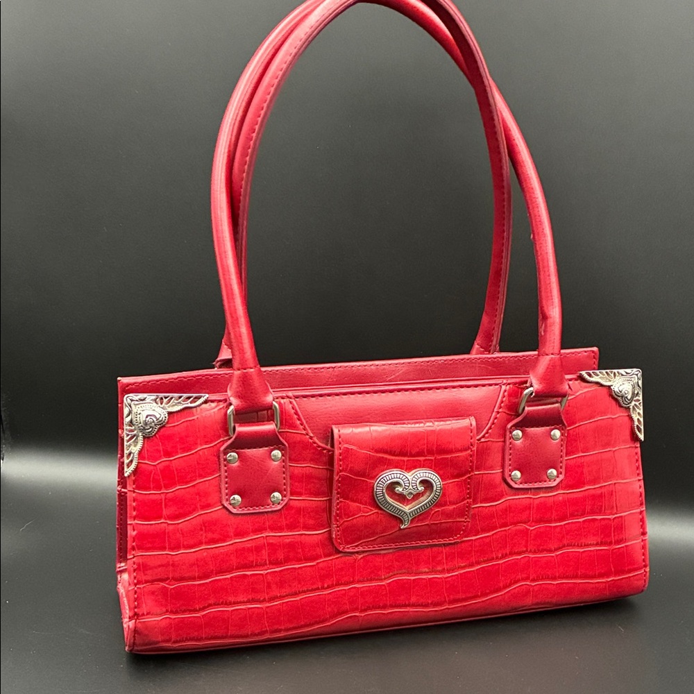 Vintage Brighton Red Croc-Embossed Leather Shoulder Bag with Heart Clasp